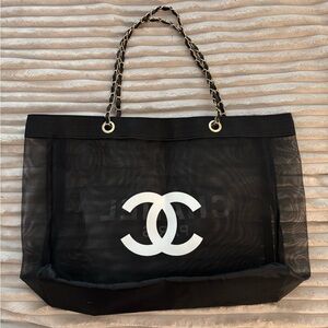 New GWP Chanel Black Mesh Tote Bag. Features signature Gold & black straps!